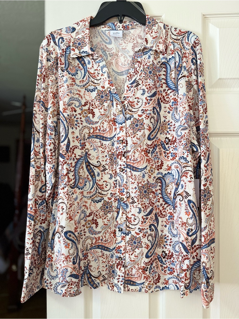 Women’s Paisley Button-Up Shirt - Blue & Brown on Cream